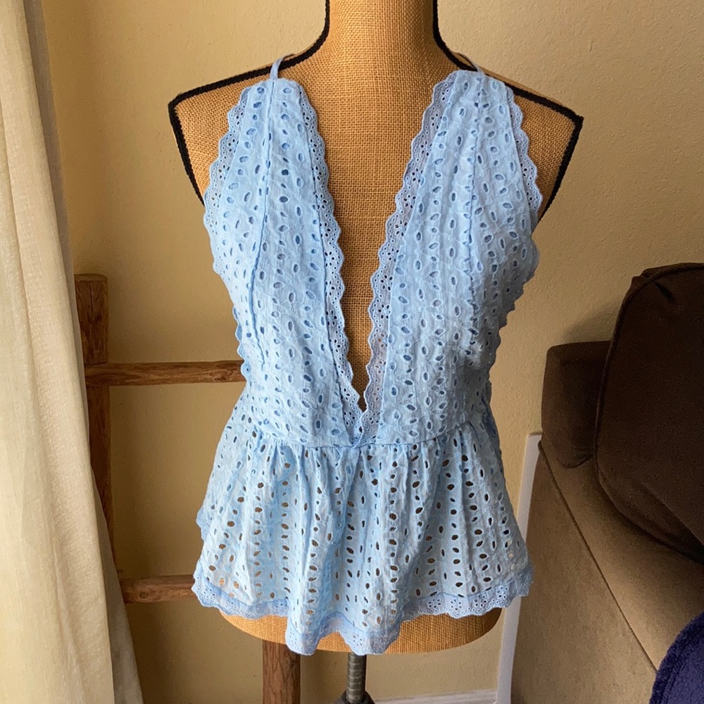 NWOT Deep V Baby Blue Blouse